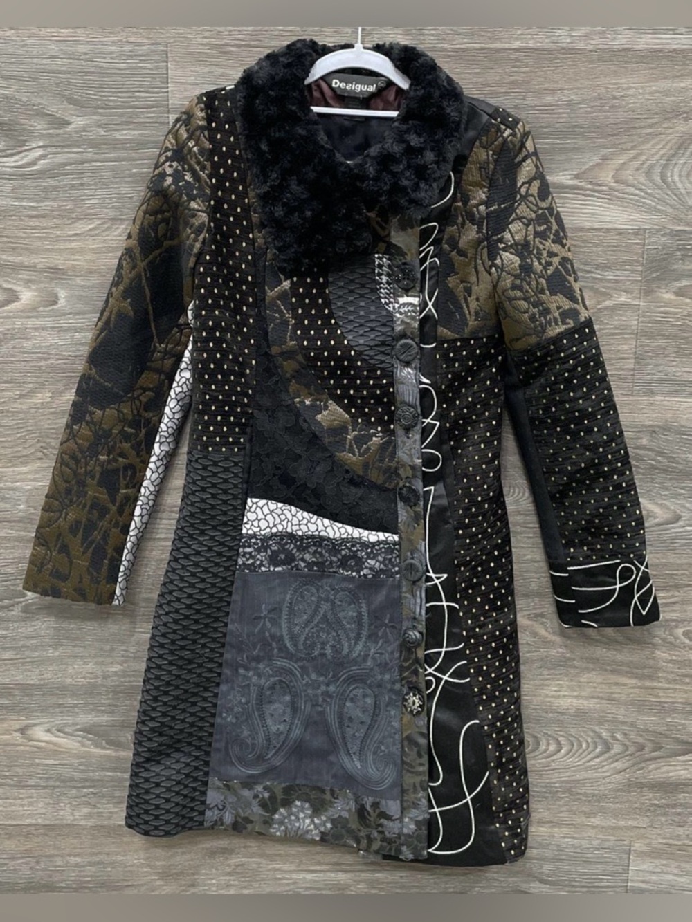 Desigual Patchwork Coat in Black, Olive & Gray